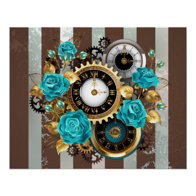 Poster Steampunk Clock and Turquoise Roses on Striped (Devant)
