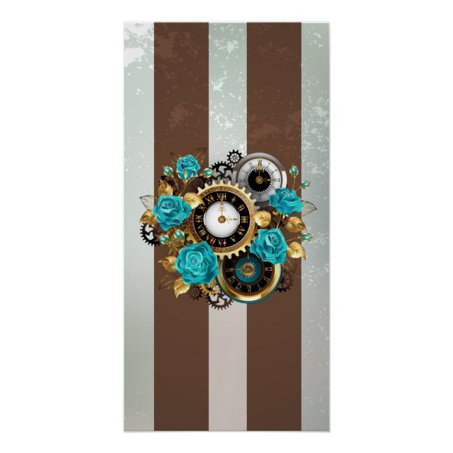 Poster Steampunk Clock and Turquoise Roses on Striped (Devant)