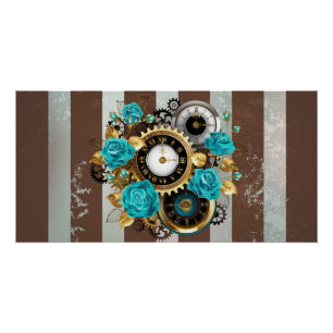 Poster Steampunk Clock and Turquoise Roses on Striped
