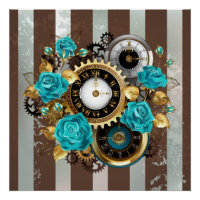 Steampunk Clock and Turquoise Roses on Striped