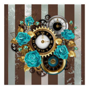 Poster Steampunk Clock and Turquoise Roses on Striped