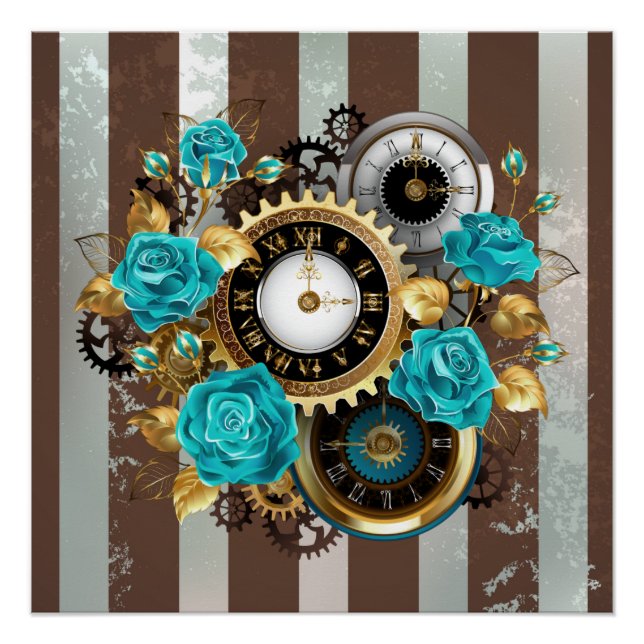 Poster Steampunk Clock and Turquoise Roses on Striped (Devant)