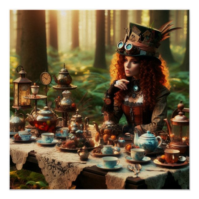 Poster Steampunk Vintage Victorian Lady Mad Hatter (Devant)