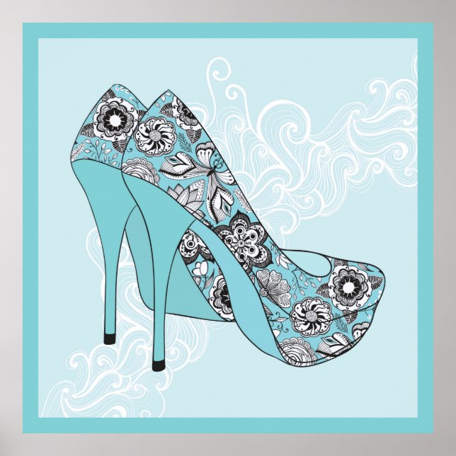 Poster Stiletto Floral Shoes In Blue Black & White Accent (Devant)