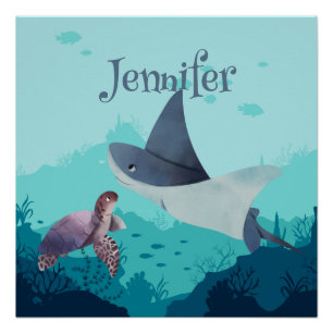 Poster Stingray personnalisé et tortue sous la mer