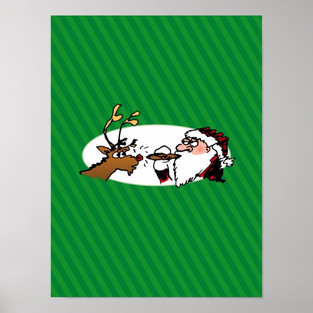 Poster Stogie Père Noël et Reindeer sur Green Stripes (Devant)