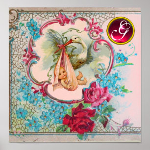 Poster STORK BÉBÉ FILLE DOUCHE Ruby Gem Pierre Monogramme