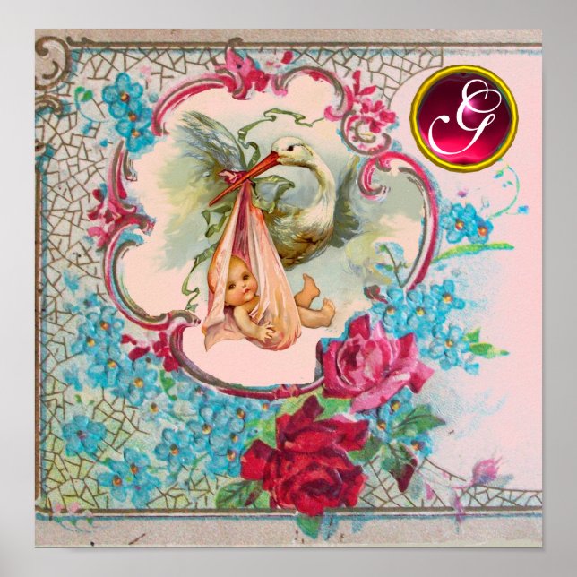 Poster STORK BÉBÉ FILLE DOUCHE Ruby Gem Pierre Monogramme (Devant)