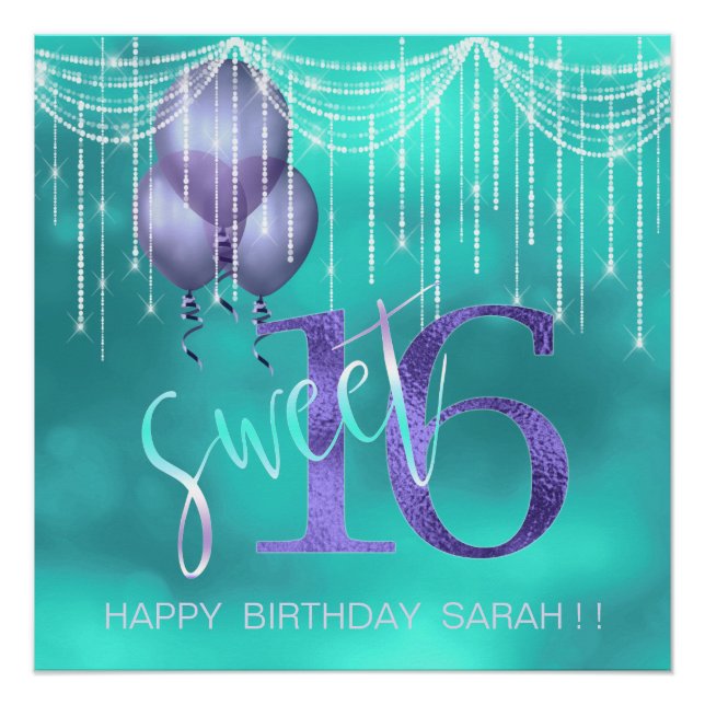 Poster String Lights & Balloons Sweet 16 TealPurple ID473 (Devant)