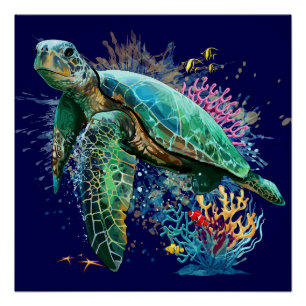Poster Style d'aquarelle sous-marine de tortue marine
