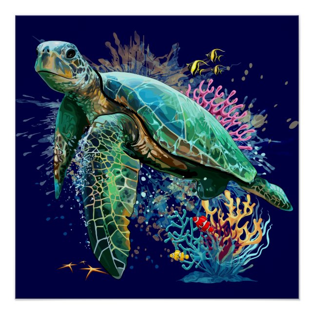 Poster Style d'aquarelle sous-marine de tortue marine (Devant)