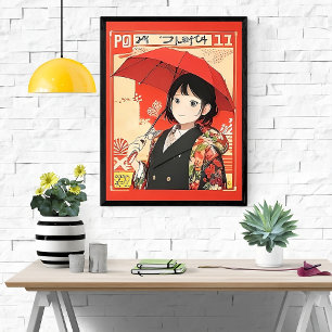 Poster Style japonais classique - Fille avec parapluie ro