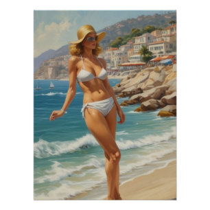 Poster Style vintage French Riviera Travel Beach Girl