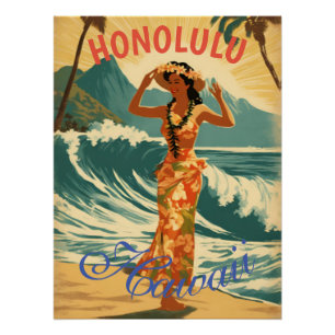 Poster Style vintage Hawaiian Travel Honolulu Mid-Pacific