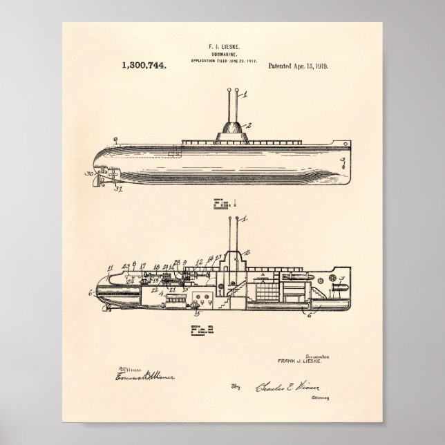 Poster Submarine 1919 Patent Art Old Peper (Devant)