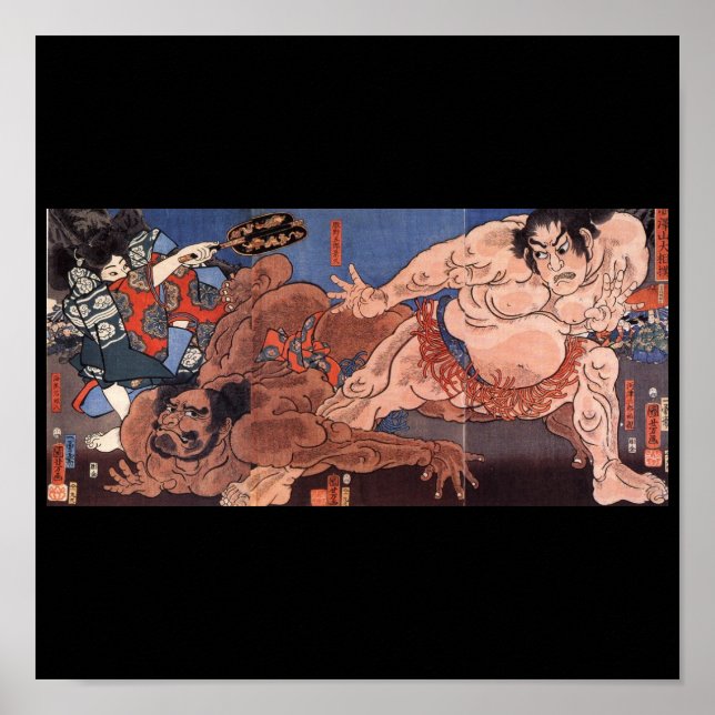 Poster Sumo Wrestlers, Peinture japonaise c. Années 1800 (Devant)
