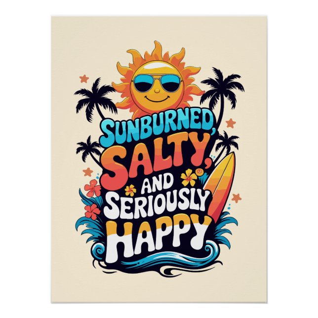 Poster Sunburned Salty and Happy – Retro Beach Vibes (Devant)