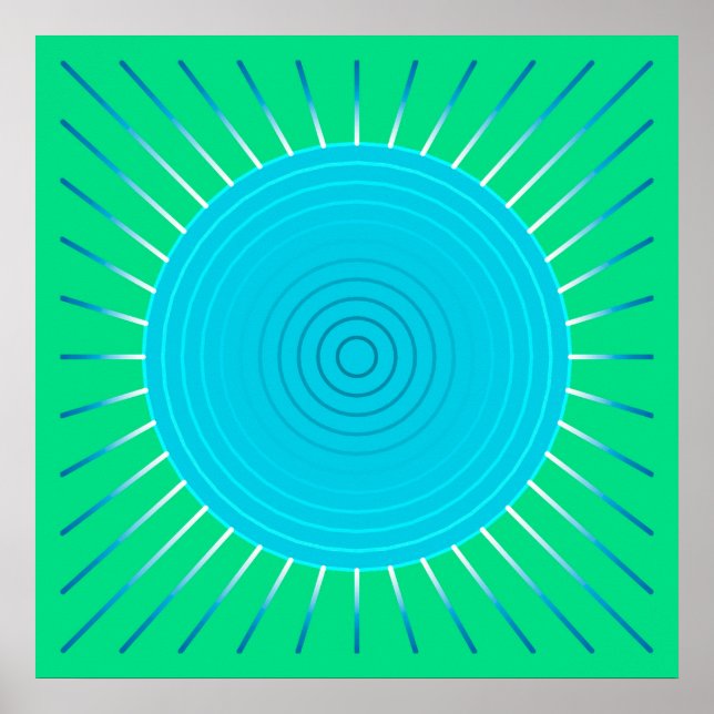 Poster Sunburst géométrique moderne - bleu et vert Jade (Devant)