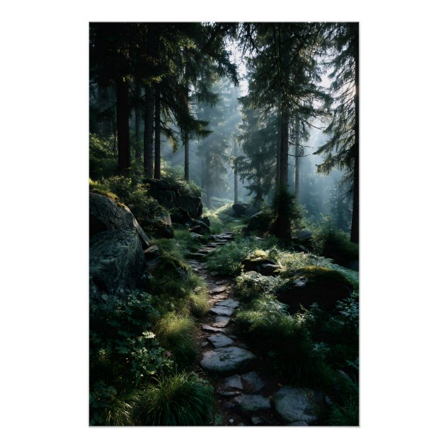 Poster Sunlit Forest Path Through Ancient Pines (Devant)