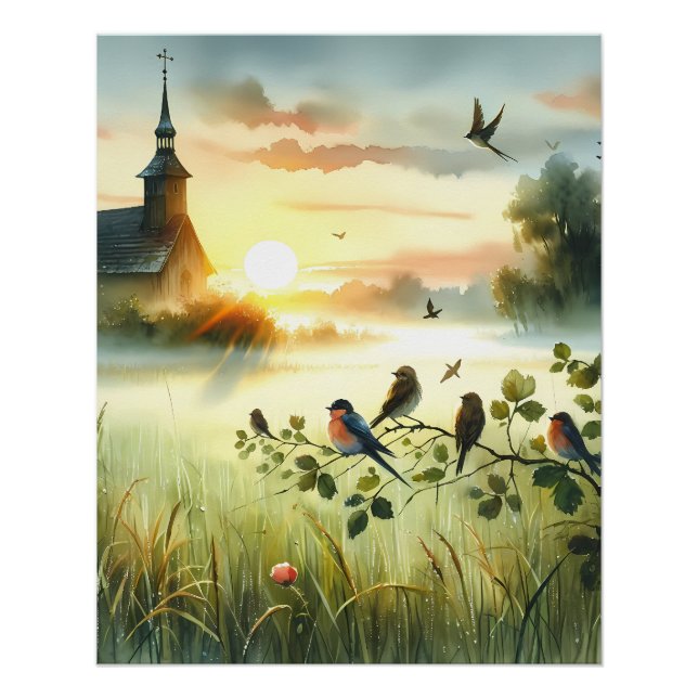 Poster Sunrise Church with Birds in Misty Meadow No Verse (Devant)