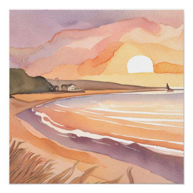 Poster Sunset plage | Belle aquarelle peinture (Devant)
