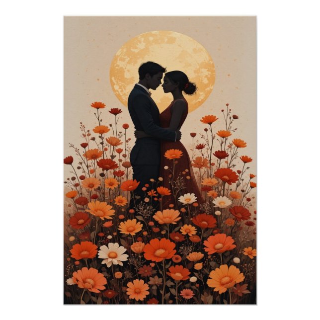 Poster Sunset Romance Painting - Floral Couple Wall Art (Devant)