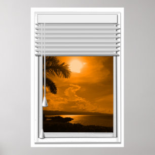 Poster Sunset Sea View Faux Window With Blinds
