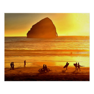 Poster Sunset Surf et Vélo Cape Kiwanda Oregon
