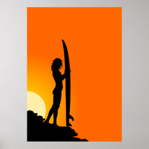 Poster Sunset Surfer Girl avec surf