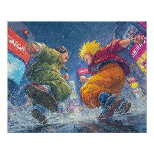 Poster Super Saiyan Goku Combat Épique sous la Pluie