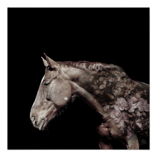 Poster Superbe Double Exposition Horse Fleur Photo