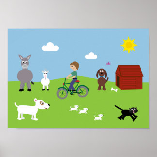 Poster sur les animaux en caricature et les vélos