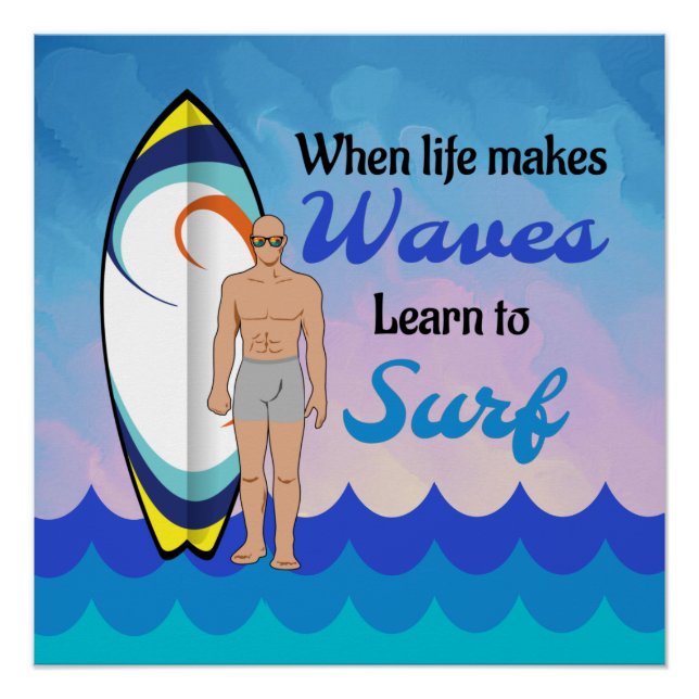 Poster Surboard Ocean Waves Blue Motivational Quote (Devant)
