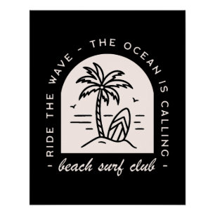 Poster Surf beach club surf océan amoureux vintage noir