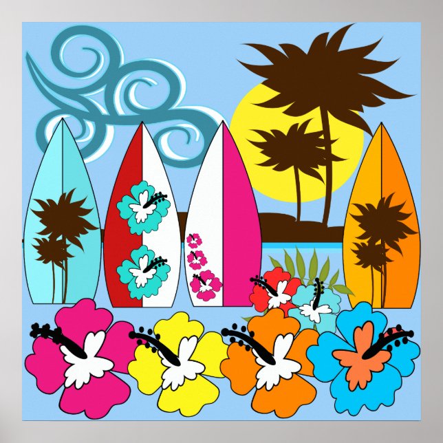 Poster Surf Boutique Surf Ocean Beach Surfboards Palm Tre (Devant)