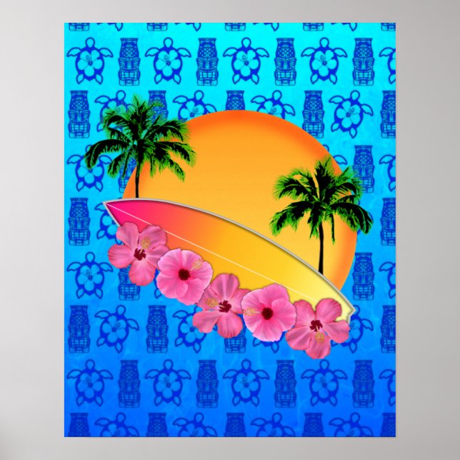Poster Surf et fleurs d'Hibiscus (Devant)
