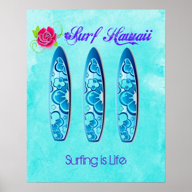 Poster Surf Hawaii Surfboards - Surf is Life (Devant)