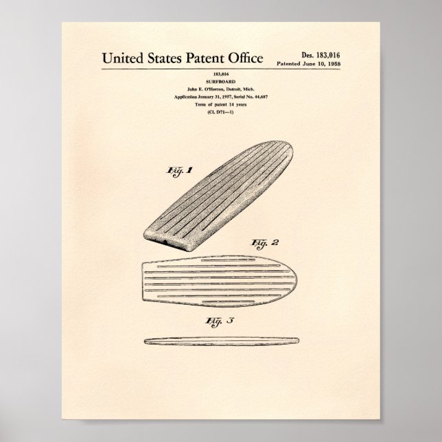 Poster Surfboard 1958 Patent Art Old Peper (Devant)