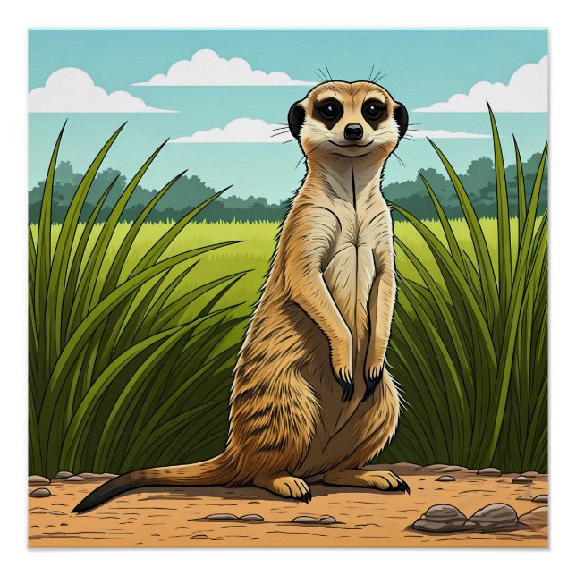Poster Suricate debout en alerte dans un champ d'herbe (Devant)
