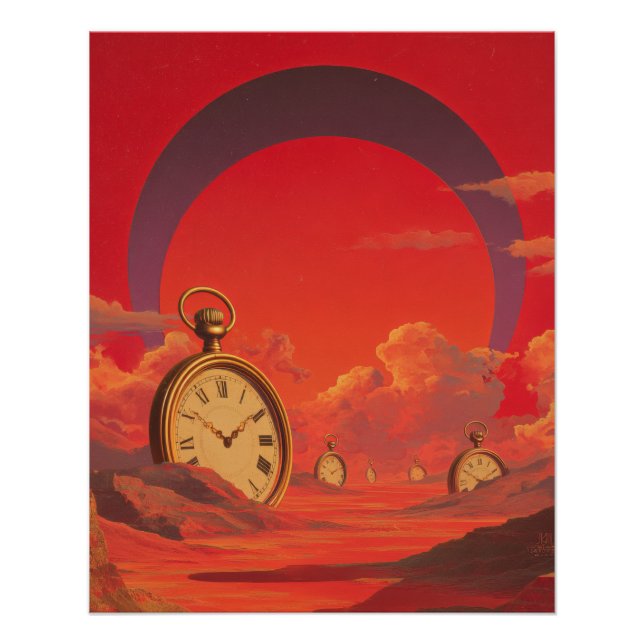 Poster Surreal Desert Clock Red Dreamscape Art (Devant)