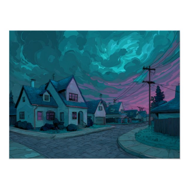 Poster Surreal Teal Twilight Suburb Scene (Devant)