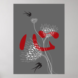 Poster Swallow Birds Chinese Heart Oriental Kanji Floral