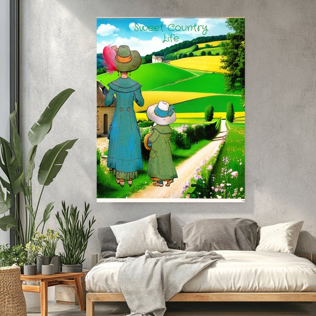 Poster Sweet Country Life Verdure Fermes à flanc de colli (Sweet Country Life Greenery Farms Hillside Rustic Poster)