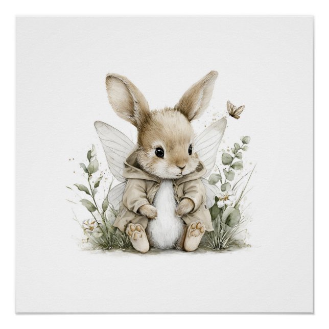 Poster Sweet watercolour fairy bunny illustration (Devant)