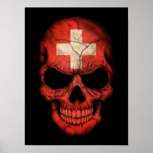 Poster Swiss Flag Skull on Black