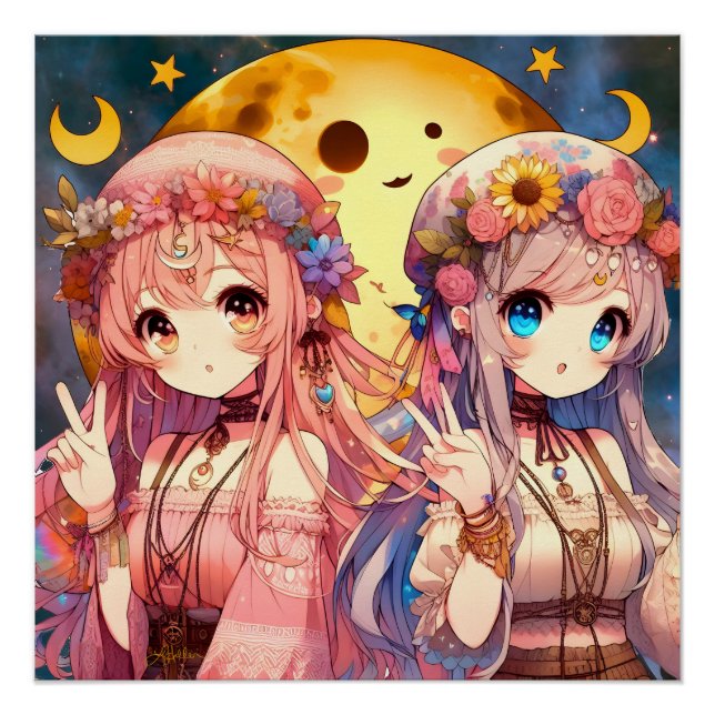 Poster SYMBOLE DE LA FEMME Anime Hippie Lune Filles Donne (Devant)