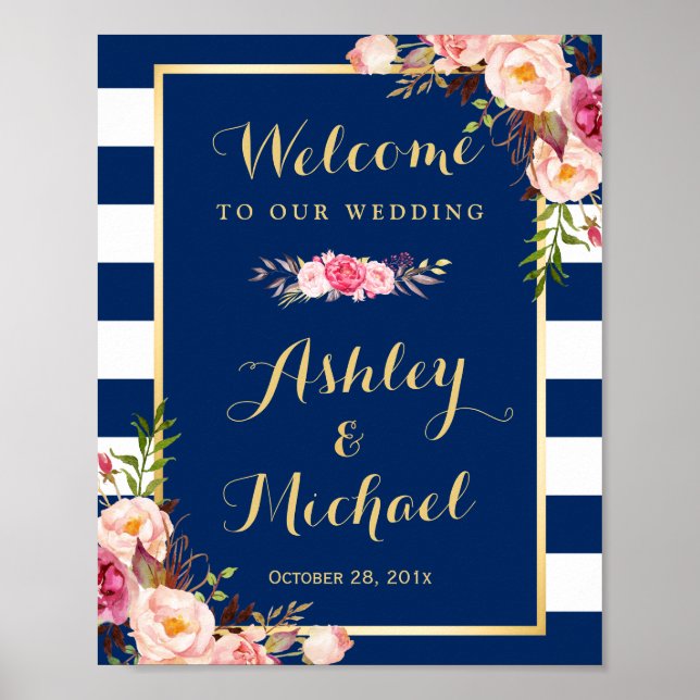 Poster Symbole de réception de mariage Floral Navy Bleu S (Devant)