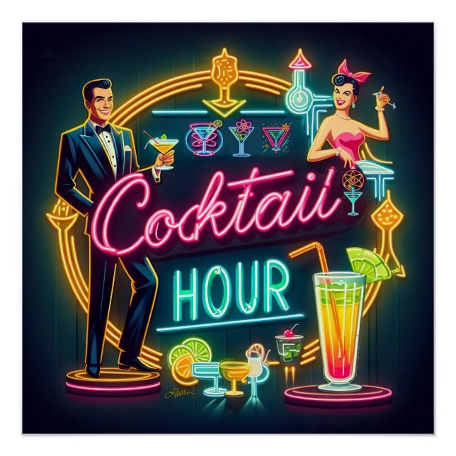 Poster Symbole du néon du milieu du siècle Cocktail Hour  (Devant)