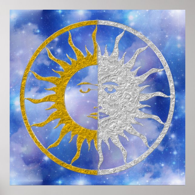 Poster Symbole SOLEIL ET LUNE - or argent ciel (Devant)