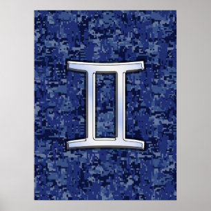 Poster SYMBOLE Zodiaque Gemini Camouflage numérique bleu